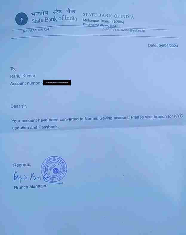 SBI Manager Mohanpur Letter to Rahul Kumar